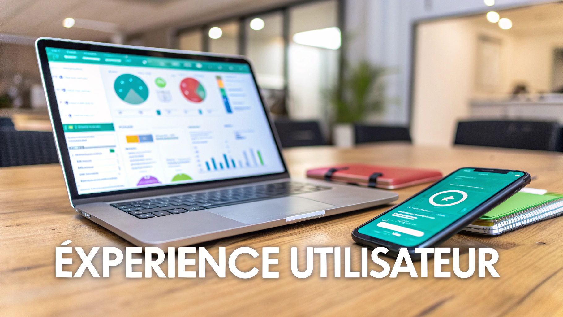 A laptop and a smartphone displaying graphs and analysis data on a wooden table, illustrating the user experience.