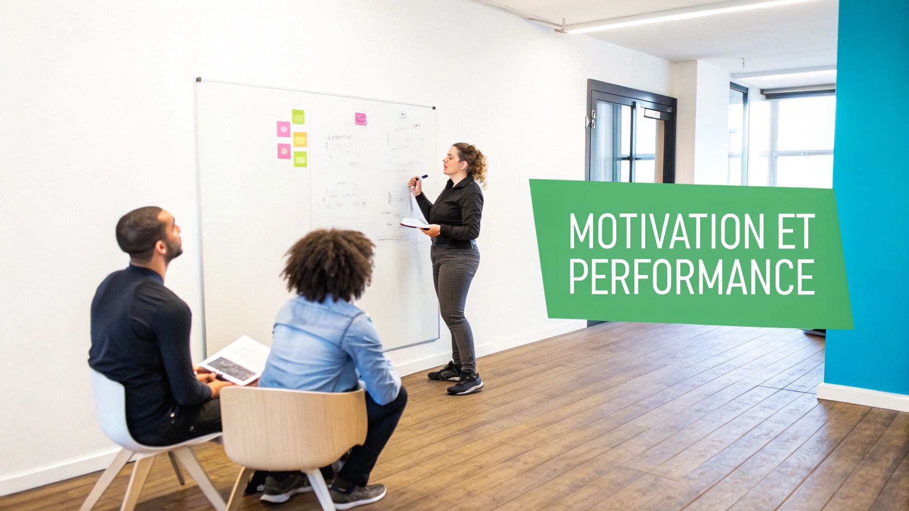 A woman presenting in front of a whiteboard to two colleagues, discussing motivation and performance.