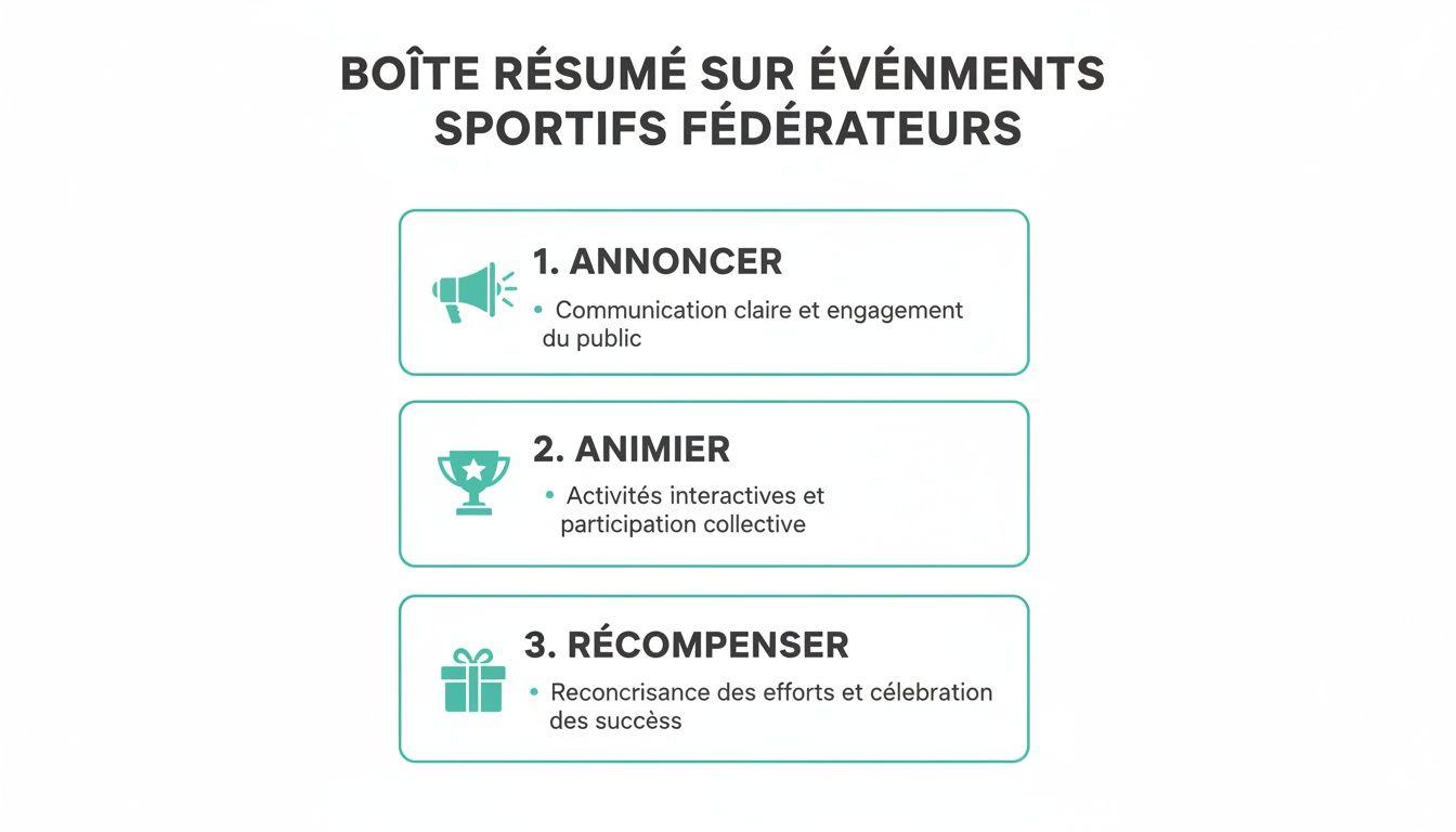 Boîte récapitulative sur les événements sportifs fédérateurs, présentant les étapes d'annonce, d'animation et de récompense pour l'engagement du public.