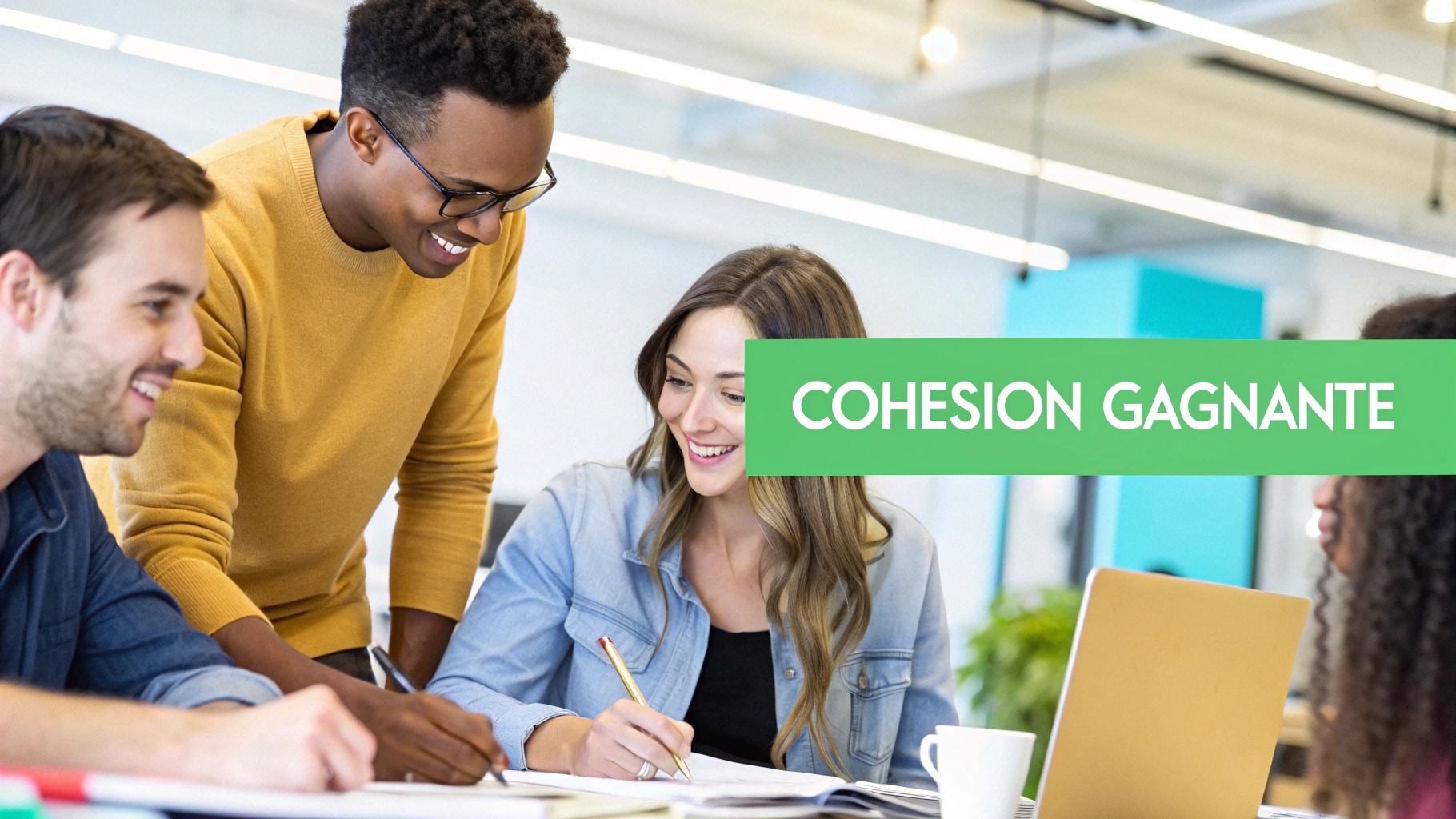 Des jeunes adultes souriants et diversifiés collaborent autour d'une table, illustrant une cohésion d'équipe réussie.