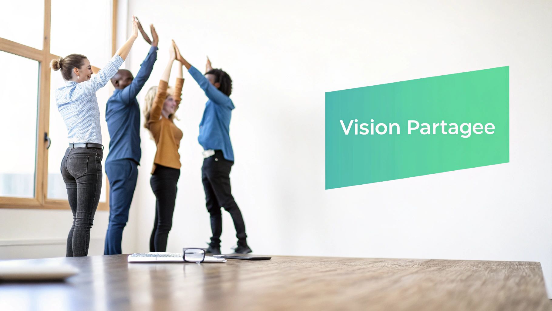 Quatre collègues joyeux, les mains levées, incarnent la réussite collective et une vision d'entreprise partagée.