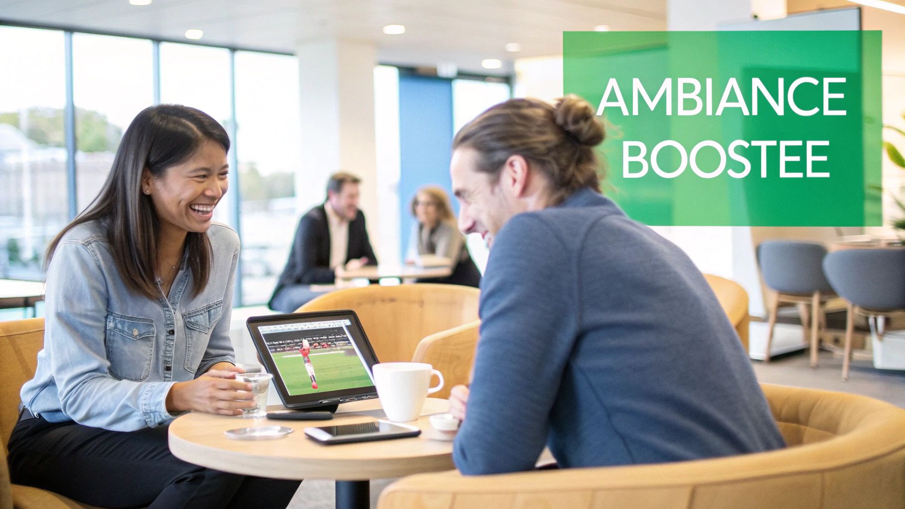 A smiling woman and a man look at a tablet, surrounded by others in a modern workspace.