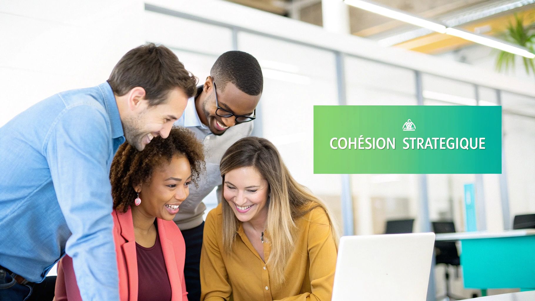 Quatre collègues souriants, diverses ethnies, collaborent autour d'un ordinateur portable dans un bureau moderne.