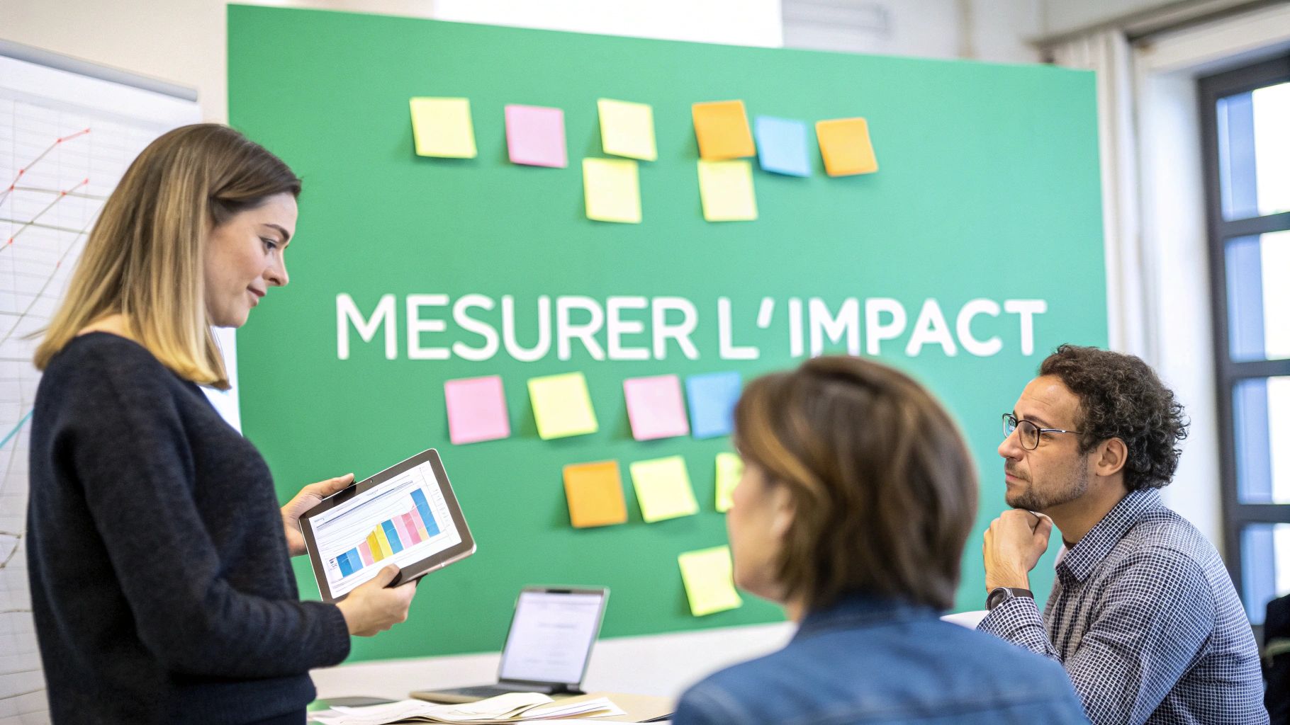 A woman presents data on a tablet during a professional meeting discussing impact.