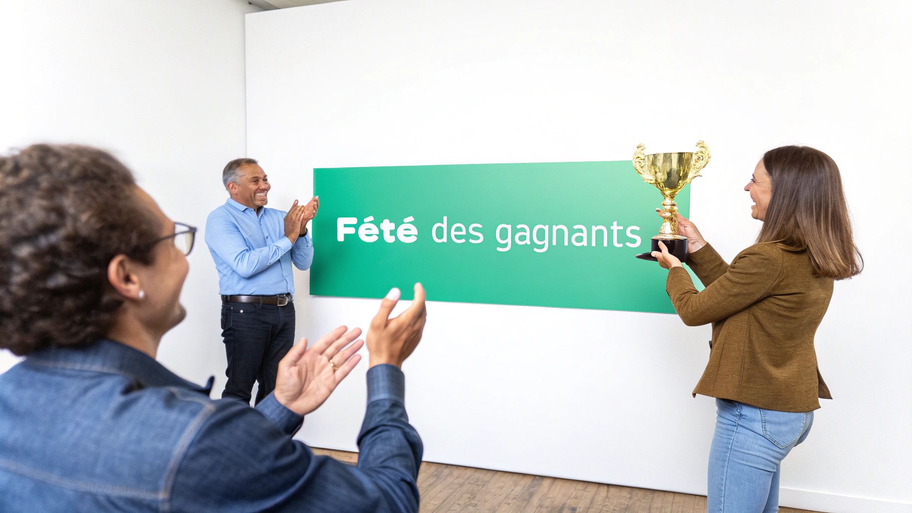 Three people celebrate winners, with a woman holding a trophy and the others applauding in front of a green sign.