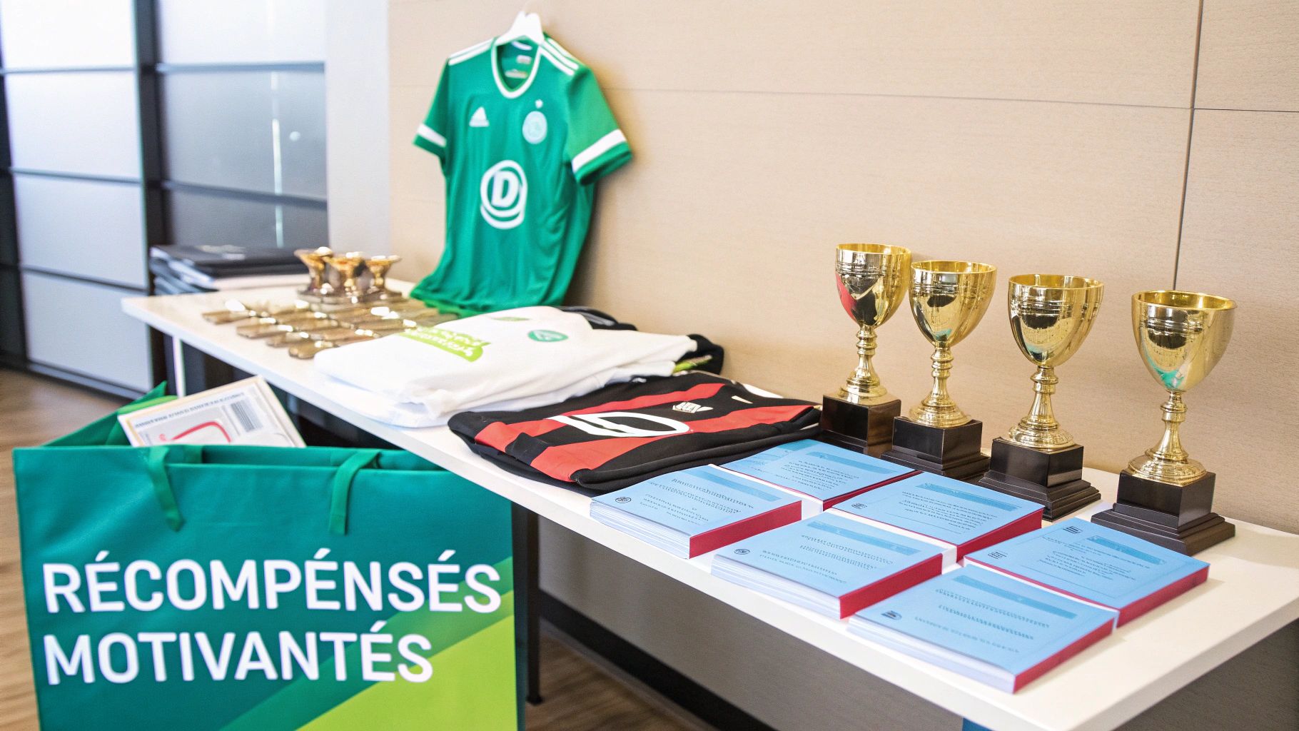 Des trophées, des maillots de football et des médailles sur une table, symboles de récompenses motivantes.
