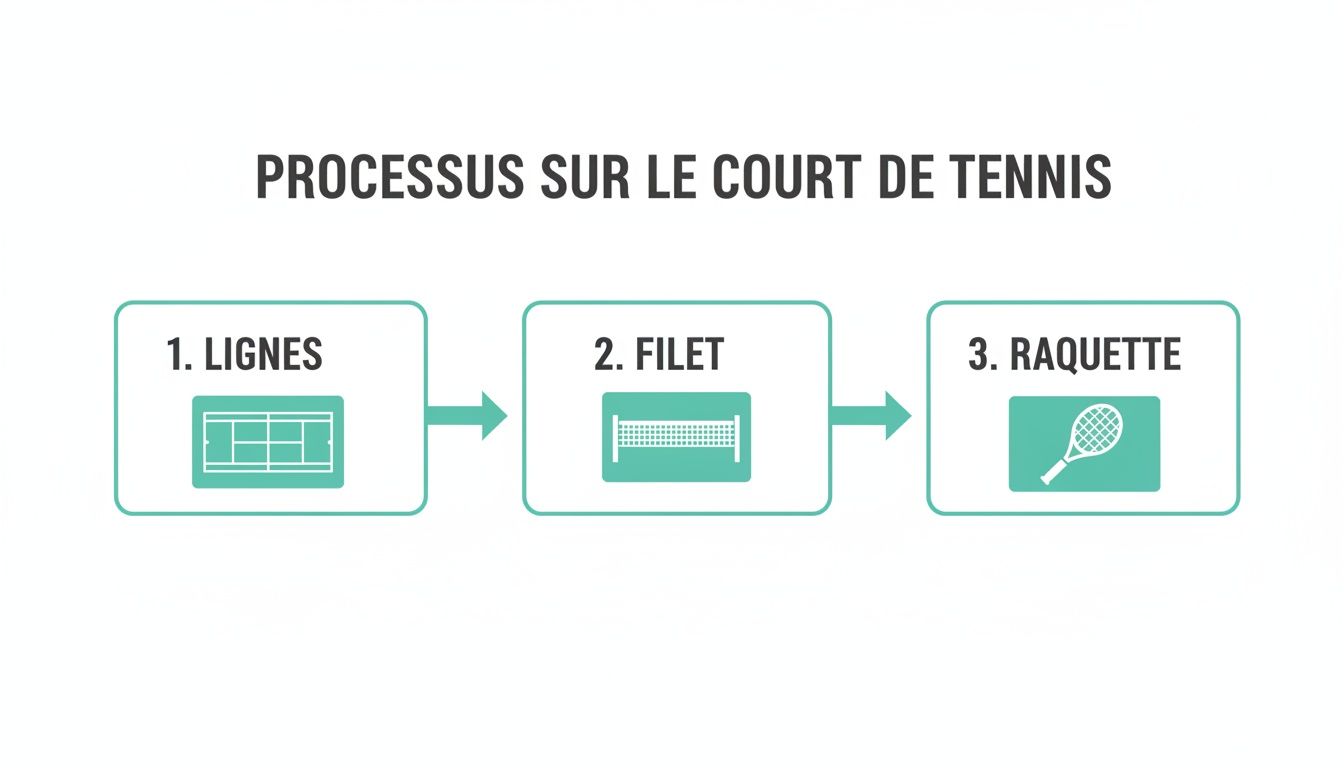 Infographic illustrating the process on a tennis court, presenting the lines, the net, and the racket.