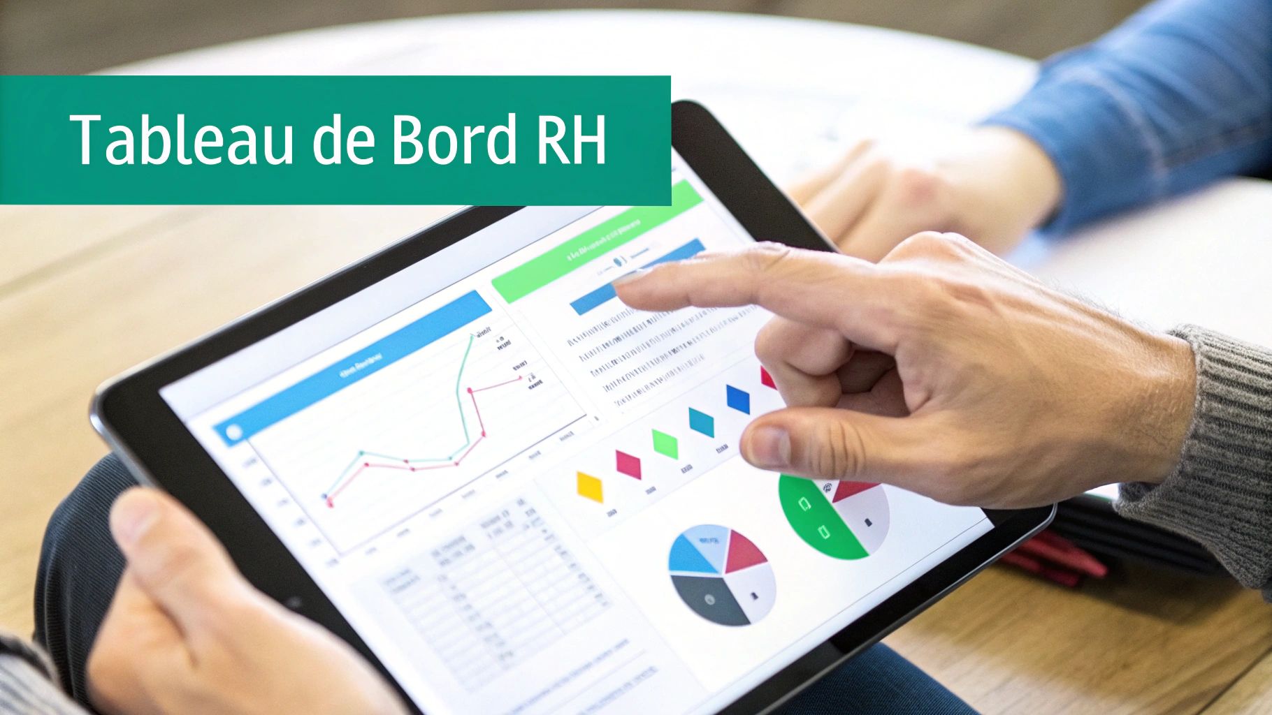 Mains interagissant avec une tablette affichant un tableau de bord RH, présentant des indicateurs de performance.