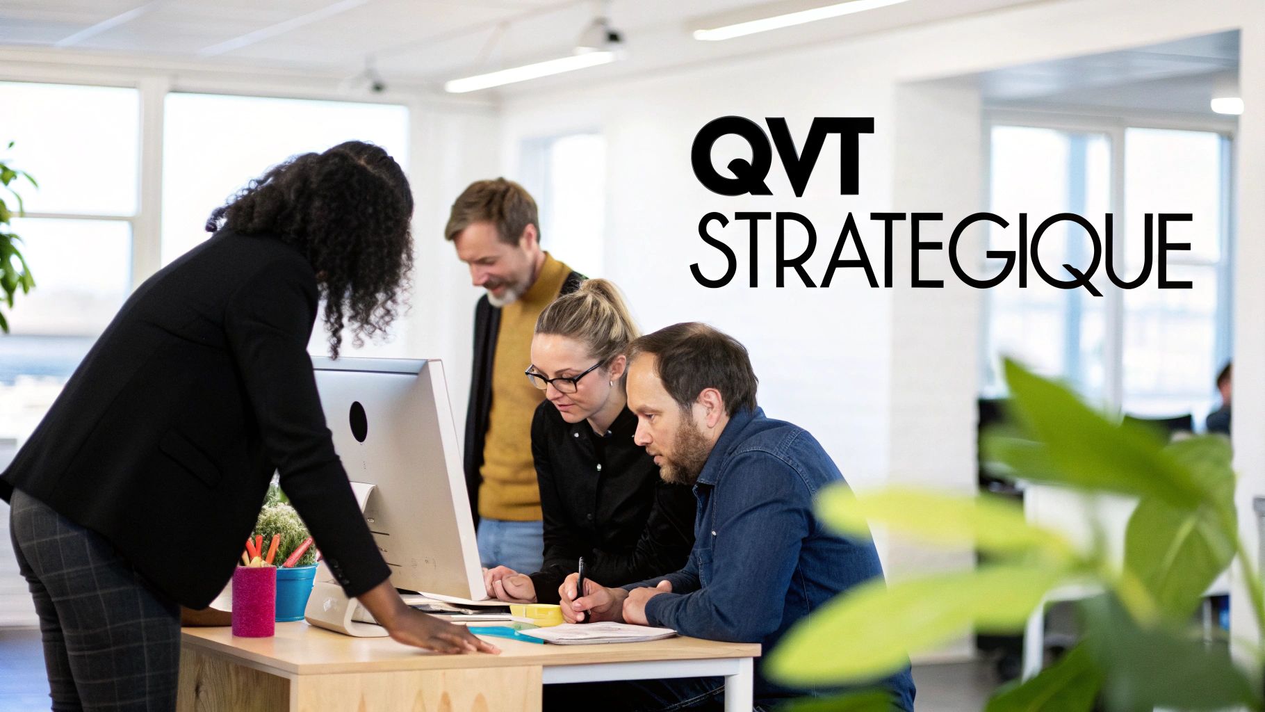 Four professionals actively collaborating in a modern office, symbolizing Strategic Quality of Life at Work.