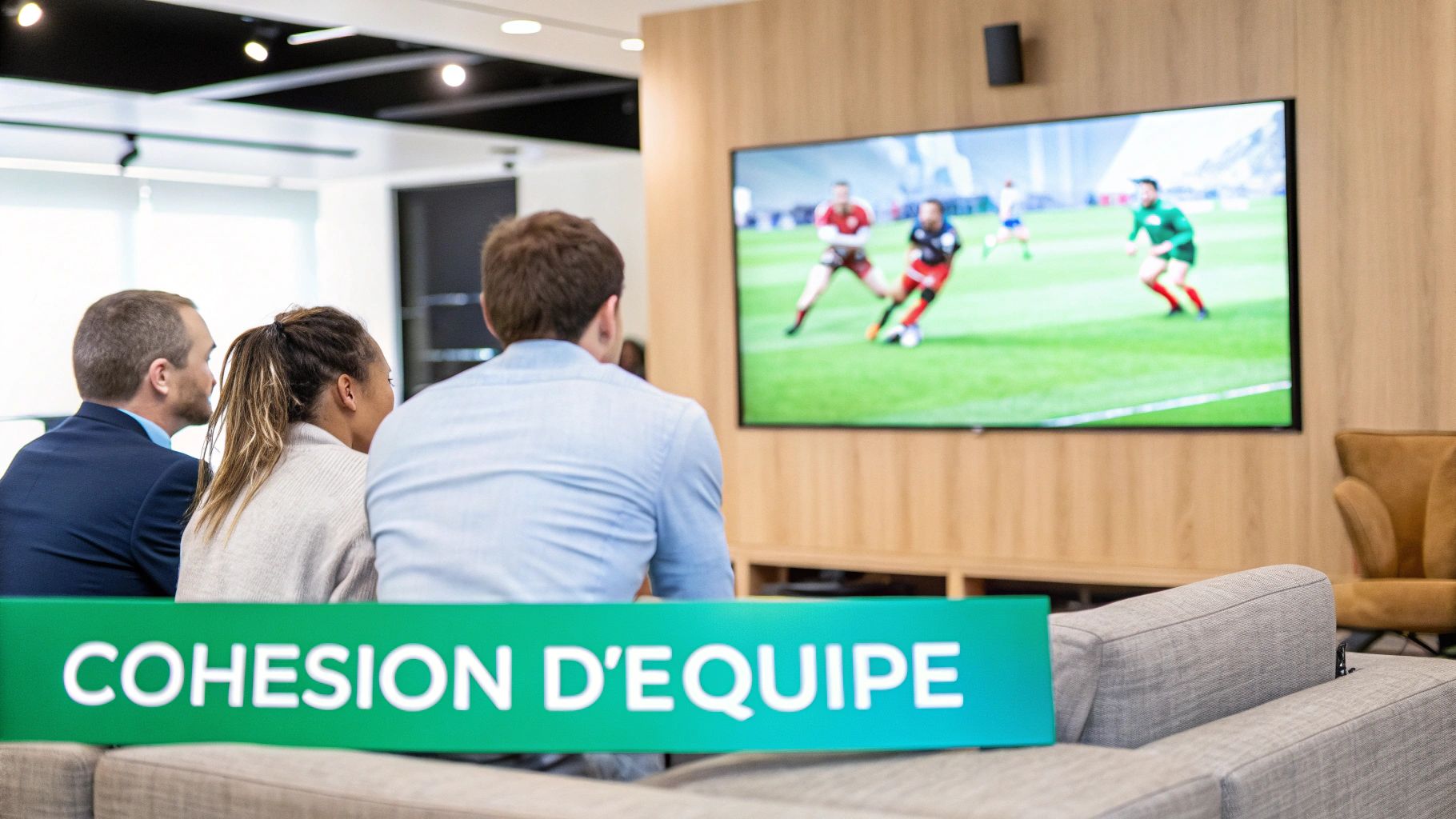 Trois personnes regardent un match de football sur un grand écran dans un bureau, avec un panneau "COHESION D'EQUIPE" au premier plan.