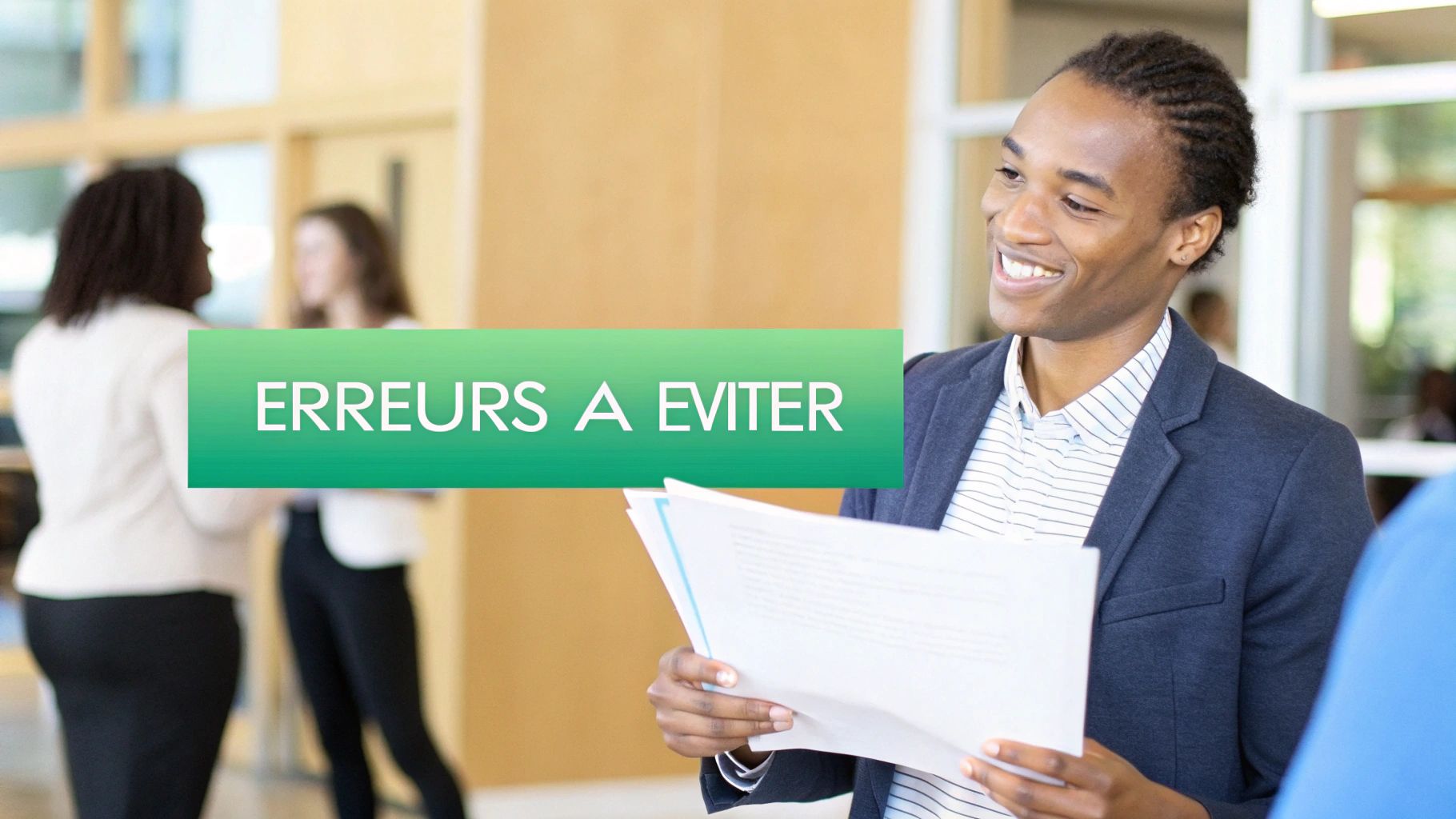 Un jeune homme souriant tient des papiers avec le texte « Erreurs à éviter » sur une superposition verte, dans un environnement professionnel.