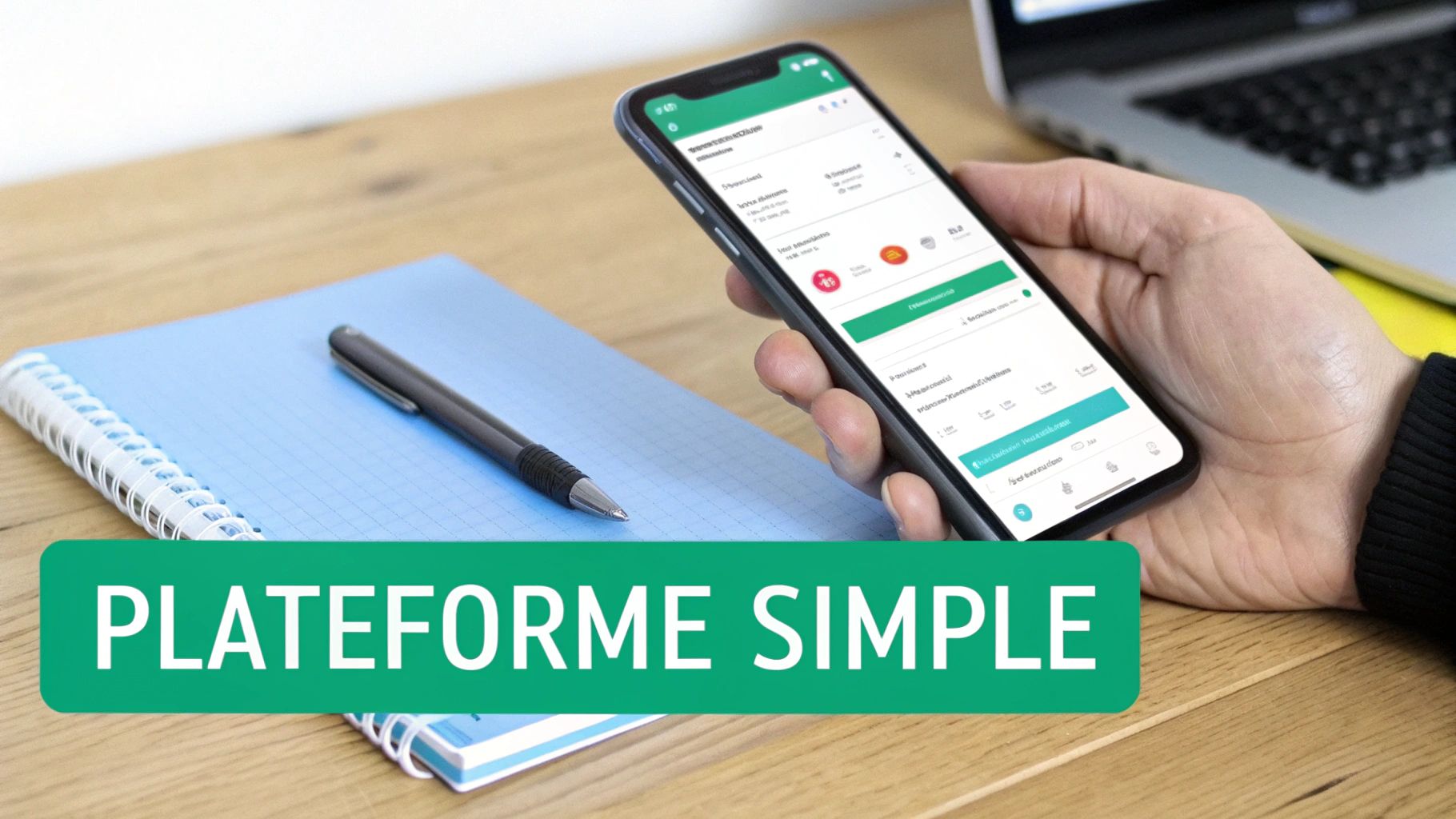 A hand holding a smartphone with an app displaying a 'SIMPLE PLATFORM', a notebook, and a pen on a wooden desk.
