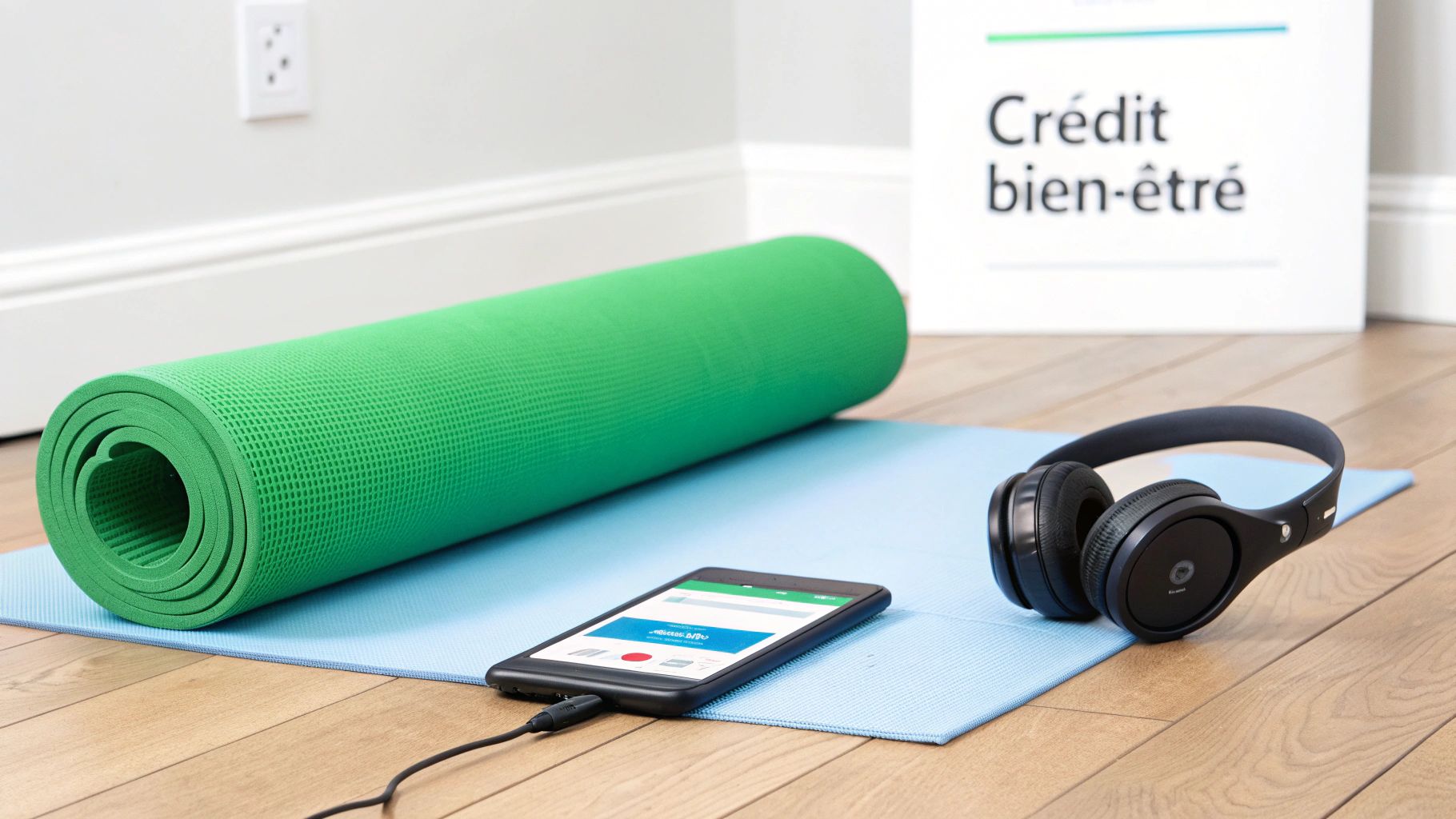 Blue and green yoga mat, smartphone with headphones on a wooden floor, ready for a wellness session.