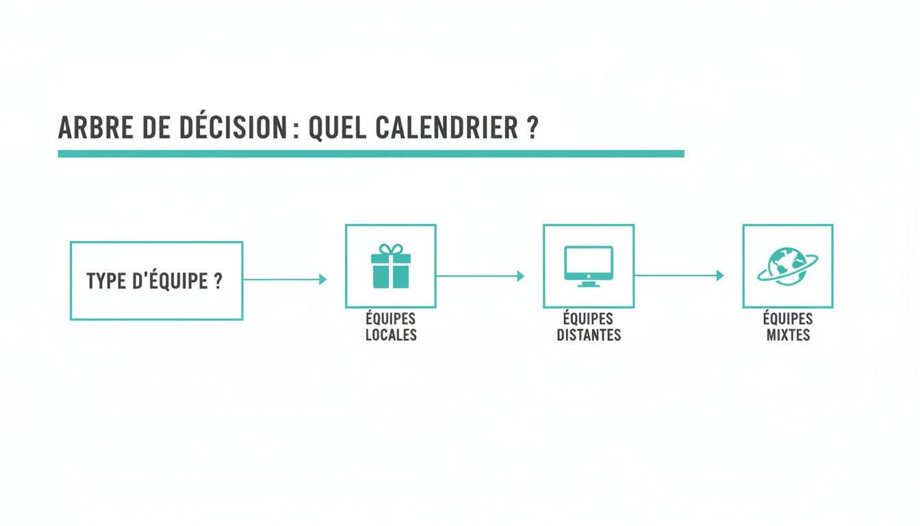 Decision tree diagram to choose the ideal corporate calendar, distinguishing local, remote, and mixed teams.