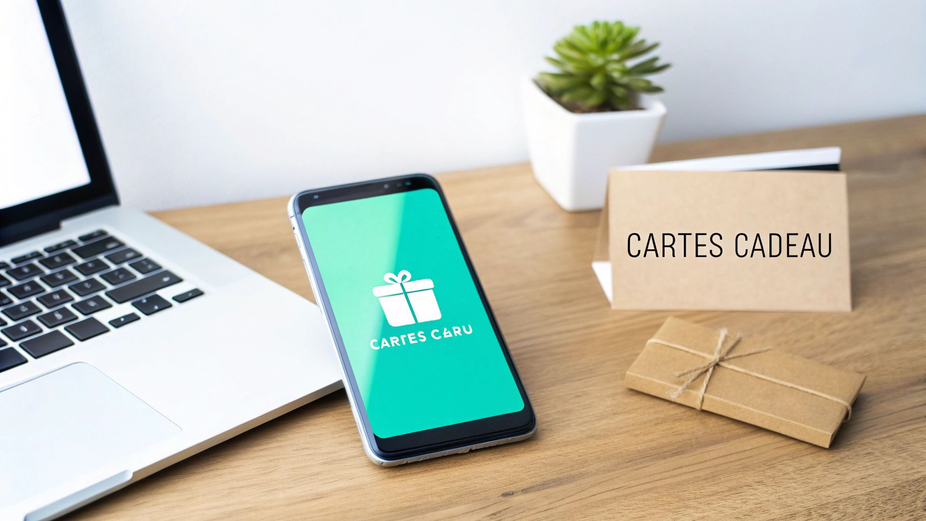 Desk view with laptop, smartphone displaying a gift card app, plant, and gift cards.