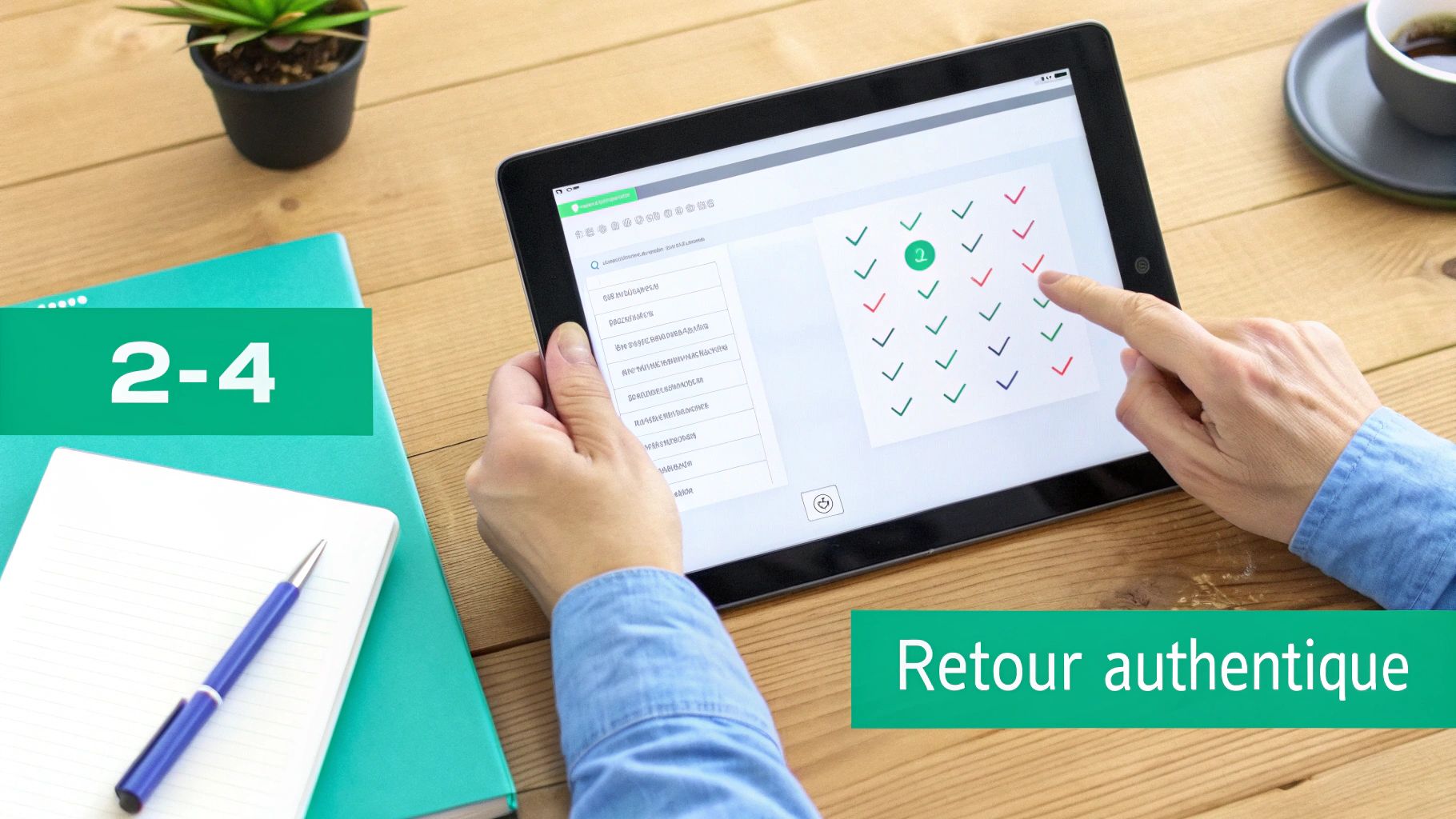 Personne utilisant une tablette affichant un suivi avec des coches vertes et rouges, sur un bureau en bois.