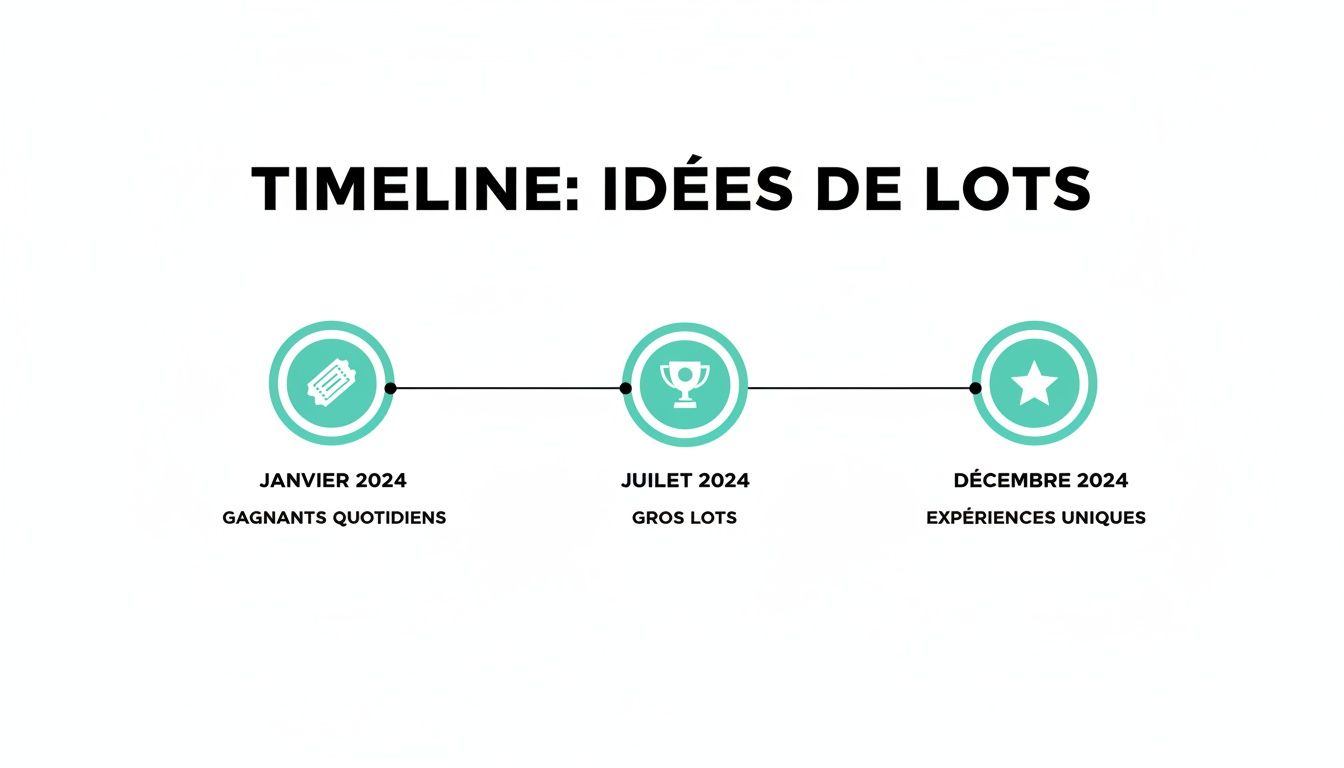 Timeline des idées de lots pour jeux concours 2024: gagnants quotidiens, gros lots et expériences uniques.