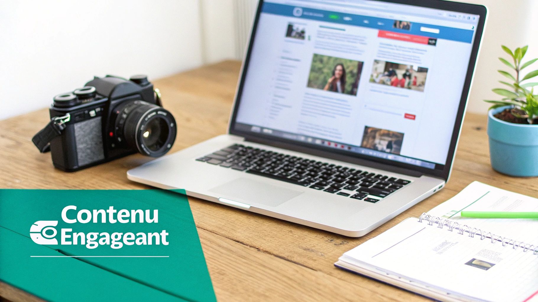 Creative office with vintage camera, laptop displaying engaging content, notepad, and green plant.