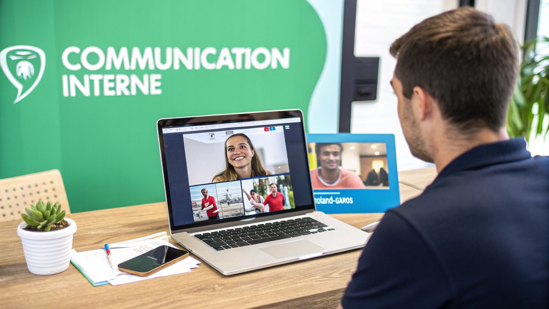 Un homme participe à une visioconférence sur son ordinateur portable, avec un arrière-plan vert "Communication Interne".