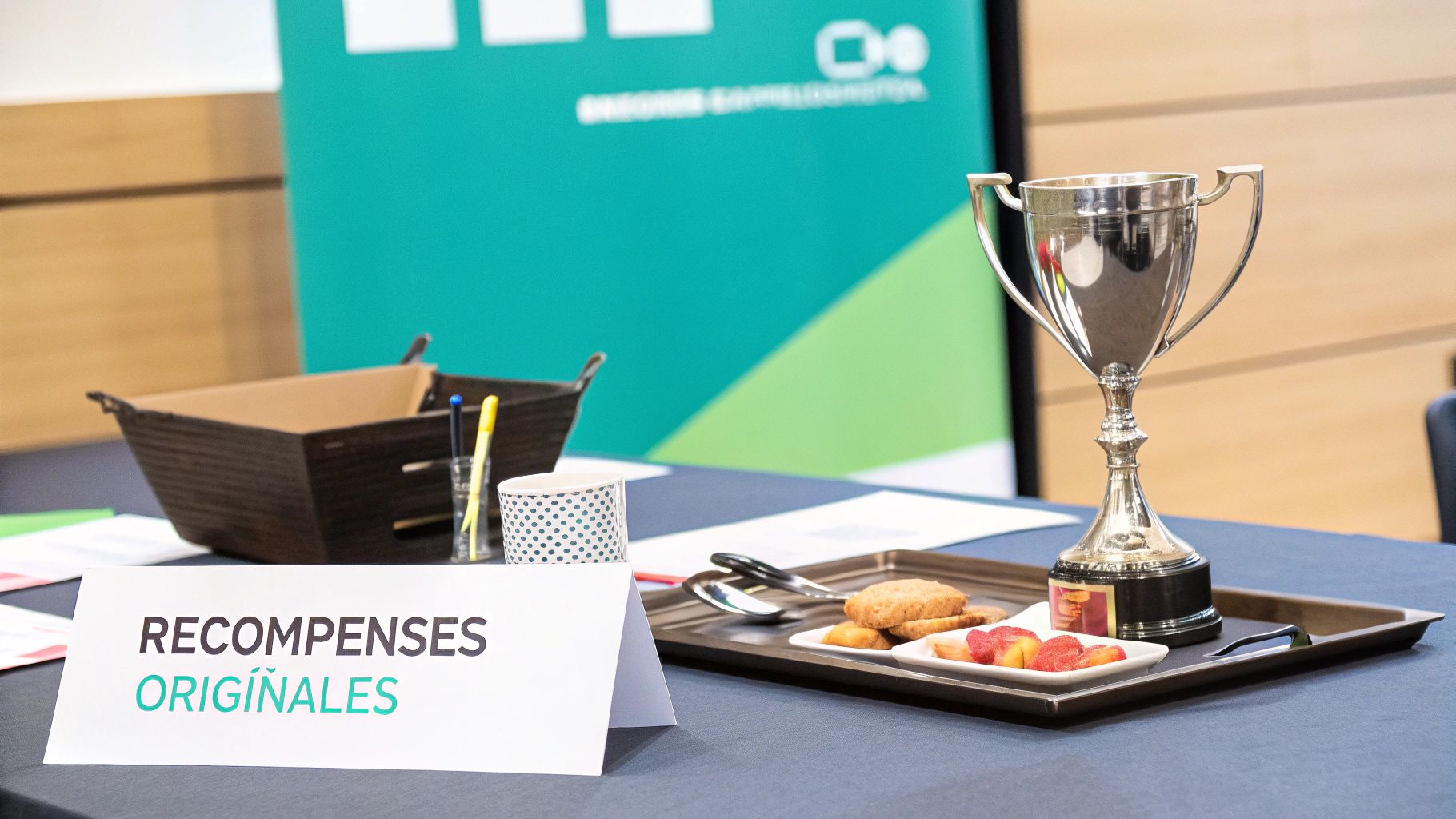 Trophée argenté, biscuits, fruits et pancarte "Récompenses Originales" sur une table, fond vert flou.