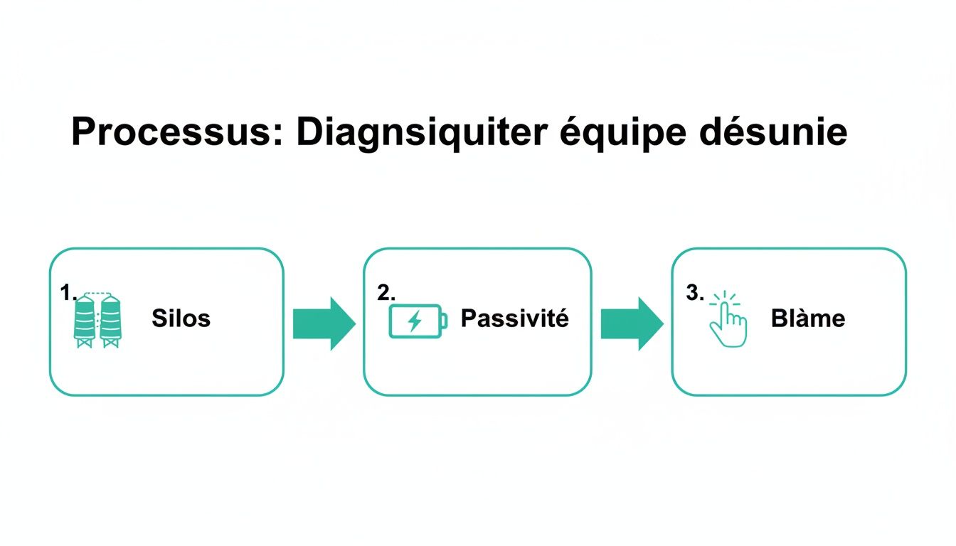 Diagramme illustrant le processus de diagnostic d'une équipe désunie, de la division (silos) à la passivité et au blâme.