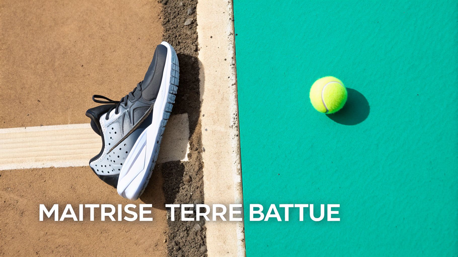 Chaussure de tennis sur la ligne d'un court en terre battue, à côté d'une balle sur un court vert. Texte : 'Maîtrise Terre Battue'.