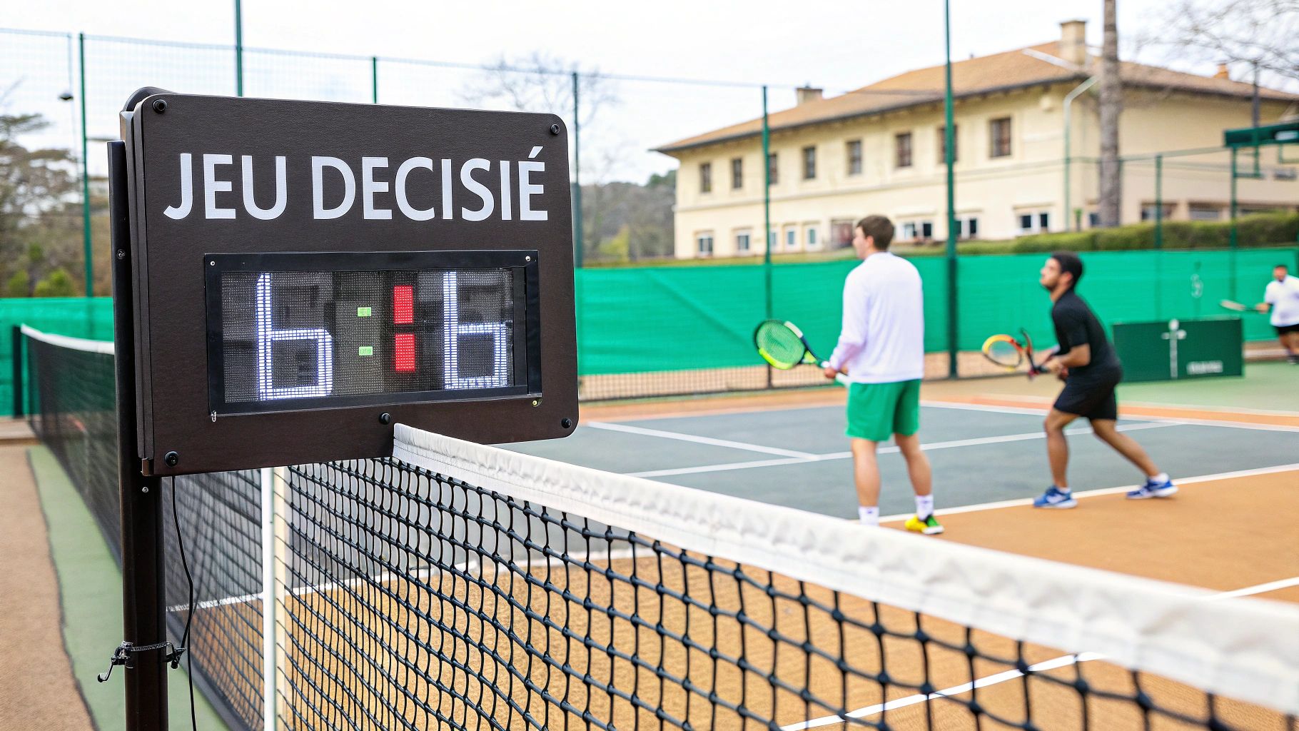 Tableau d'affichage de tennis "JEU DÉCISIÉ" montrant un score de 6:6, avec des joueurs sur le court.