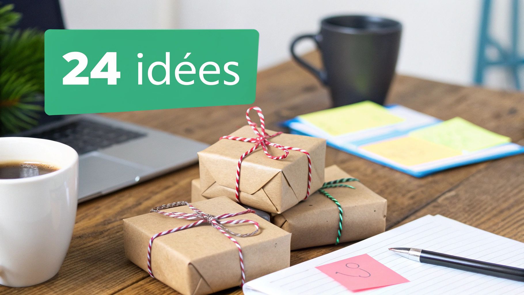 Bureau en bois avec ordinateur portable, café, petits cadeaux emballés et bloc-notes. Texte : 24 idées.
