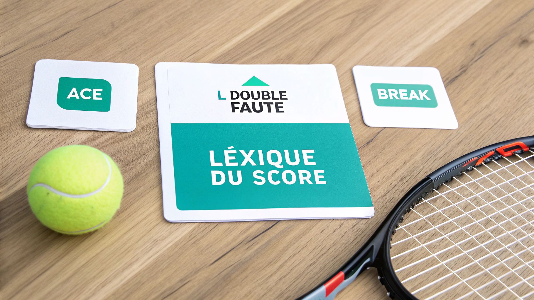 Flashcards de tennis, balle de tennis et raquette sur une table en bois, illustrant le lexique du score.