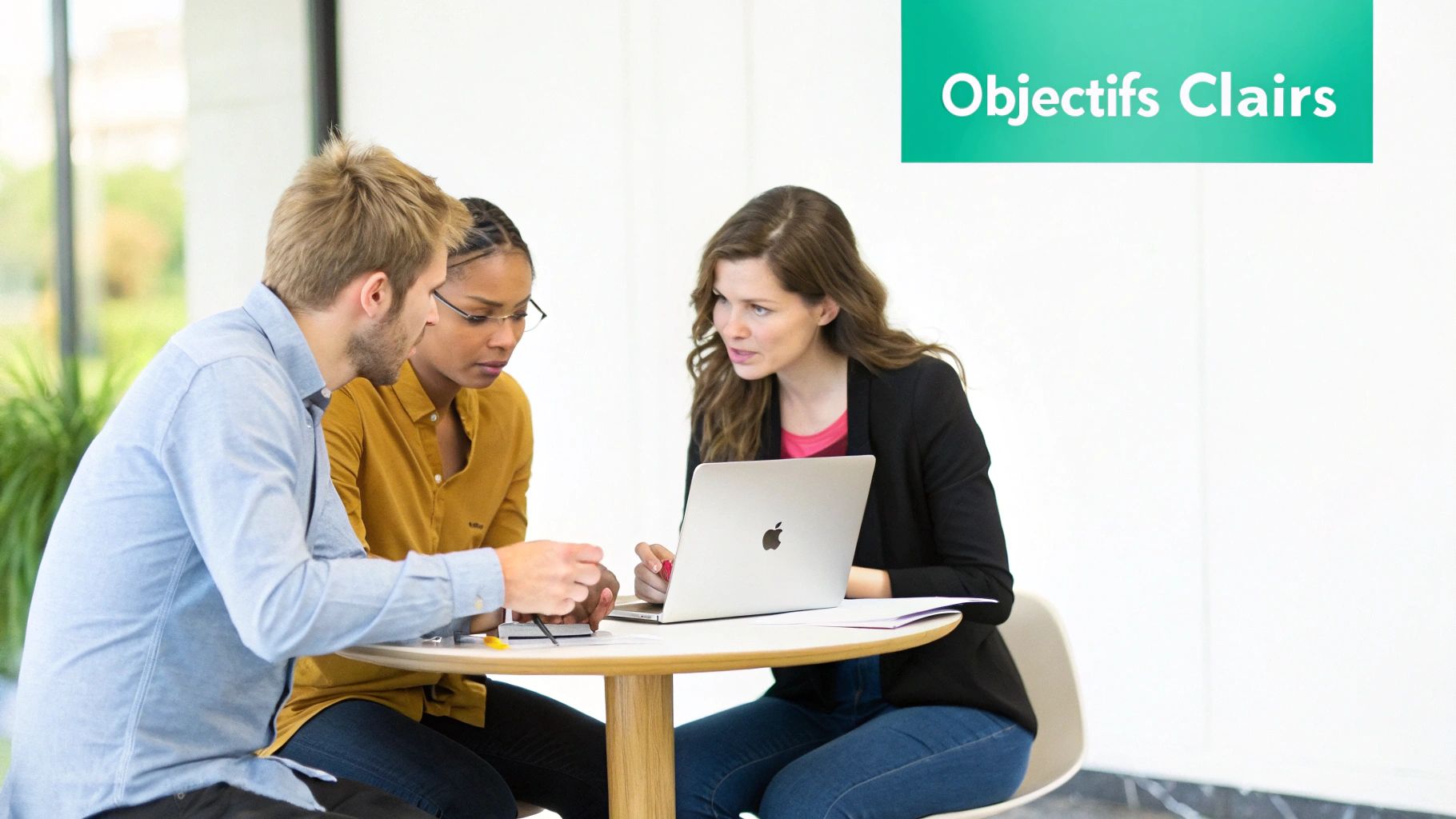 Trois personnes collaborent autour d'un ordinateur portable, discutant de leurs objectifs de projet dans un bureau lumineux.