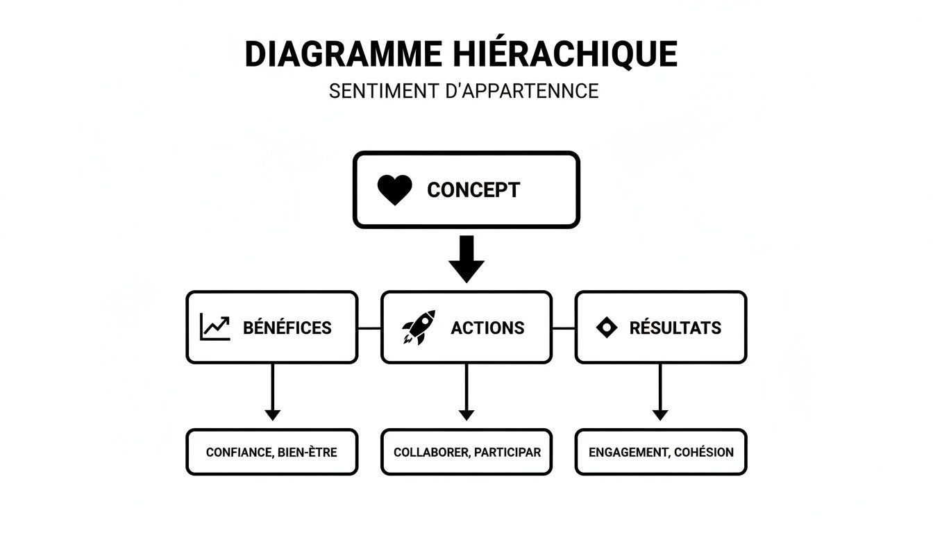 Hierarchical diagram explaining the sense of belonging, its benefits, actions, and associated results.