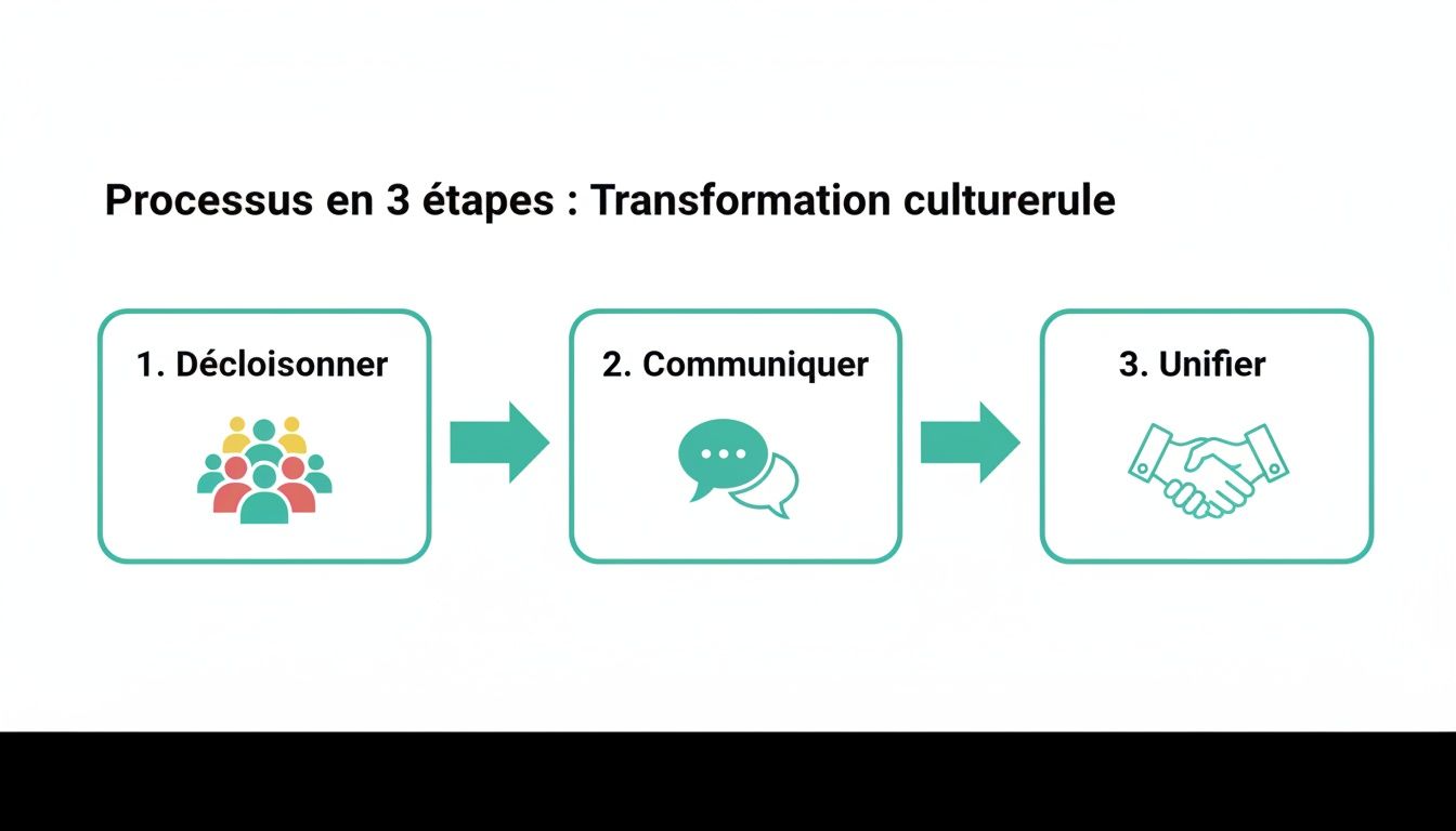 Diagram illustrating a cultural transformation process in 3 steps: breaking down barriers, communicating, unifying with icons.