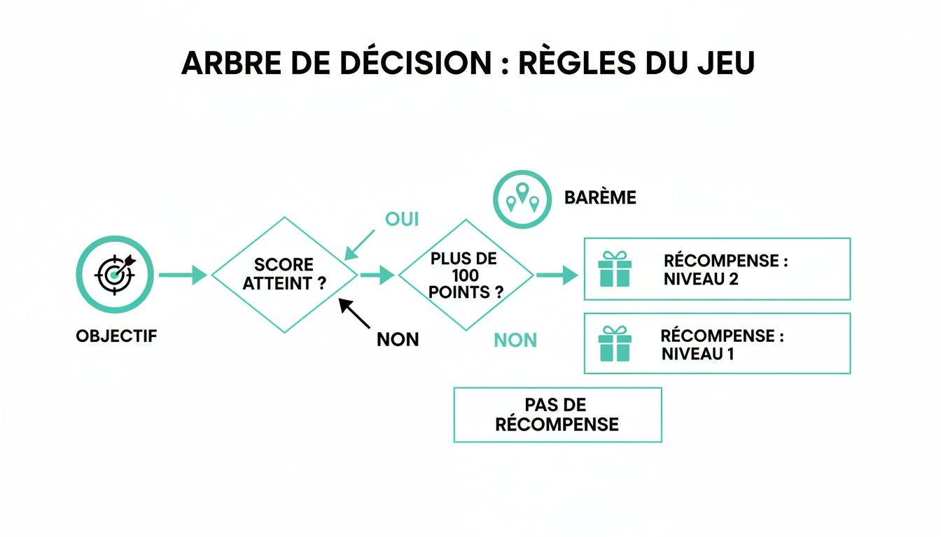 Diagramme d'arbre de décision turquoise et noir illustrant les règles d'un jeu, incluant objectifs, scores et récompenses. Un barème est également visible.
