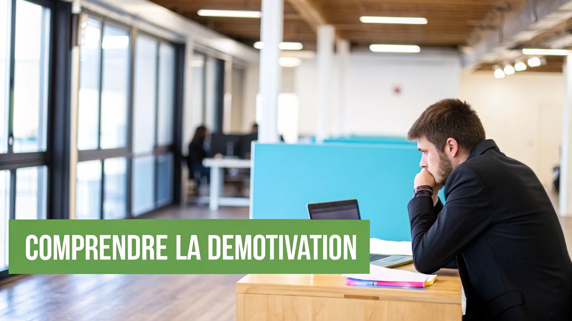 Un homme d'affaires pensif devant un ordinateur portable au bureau, avec une bannière verte indiquant 'COMPRENDRE LA DÉMOTIVATION'.