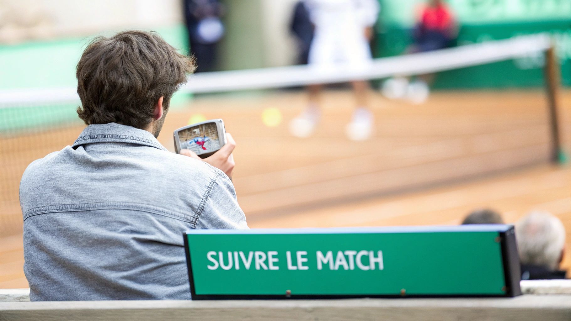 Un homme regarde et filme un match de tennis depuis les tribunes, avec une pancarte "SUIVRE LE MATCH".