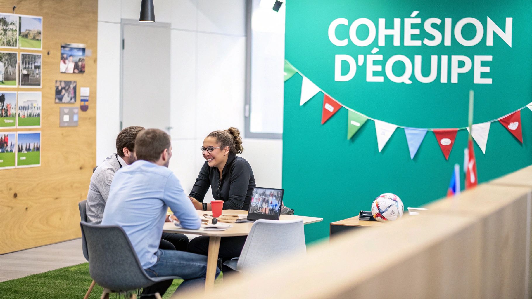 Trois collègues souriants lors d'une réunion informelle dans un bureau moderne avec un mur vert "COHÉSION D'ÉQUIPE".