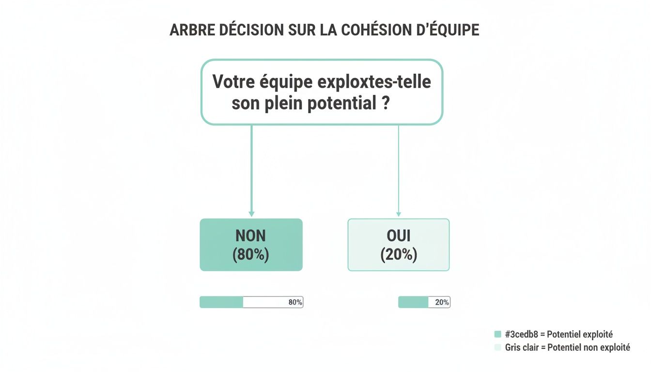 Arbre de décision sur la cohésion d'équipe, évaluant si le potentiel est exploité, avec 80% de non et 20% de oui.