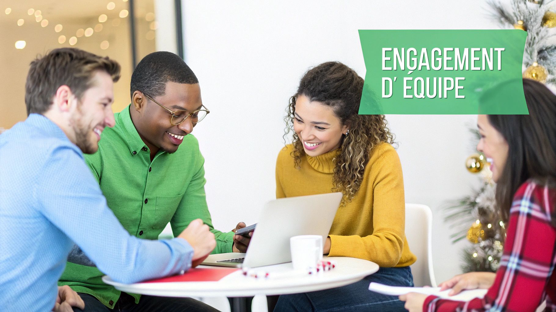 Four smiling colleagues collaborate around a table with a laptop, illustrating team engagement.