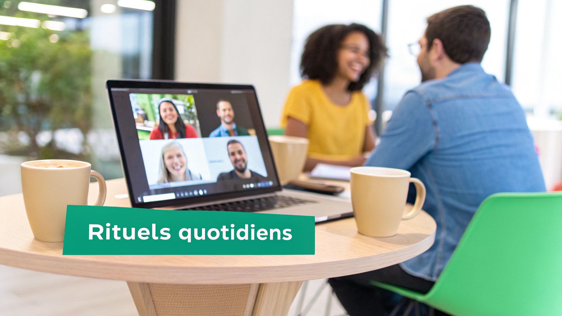 Des collègues participent à une réunion hybride avec des personnes en visioconférence et des rituels quotidiens.
