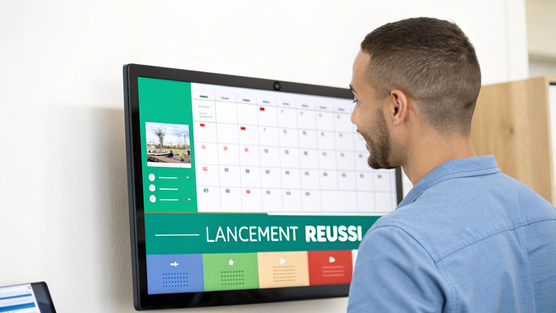 A bearded man smiles while looking at a large screen displaying a calendar and the message "SUCCESSFUL LAUNCH".