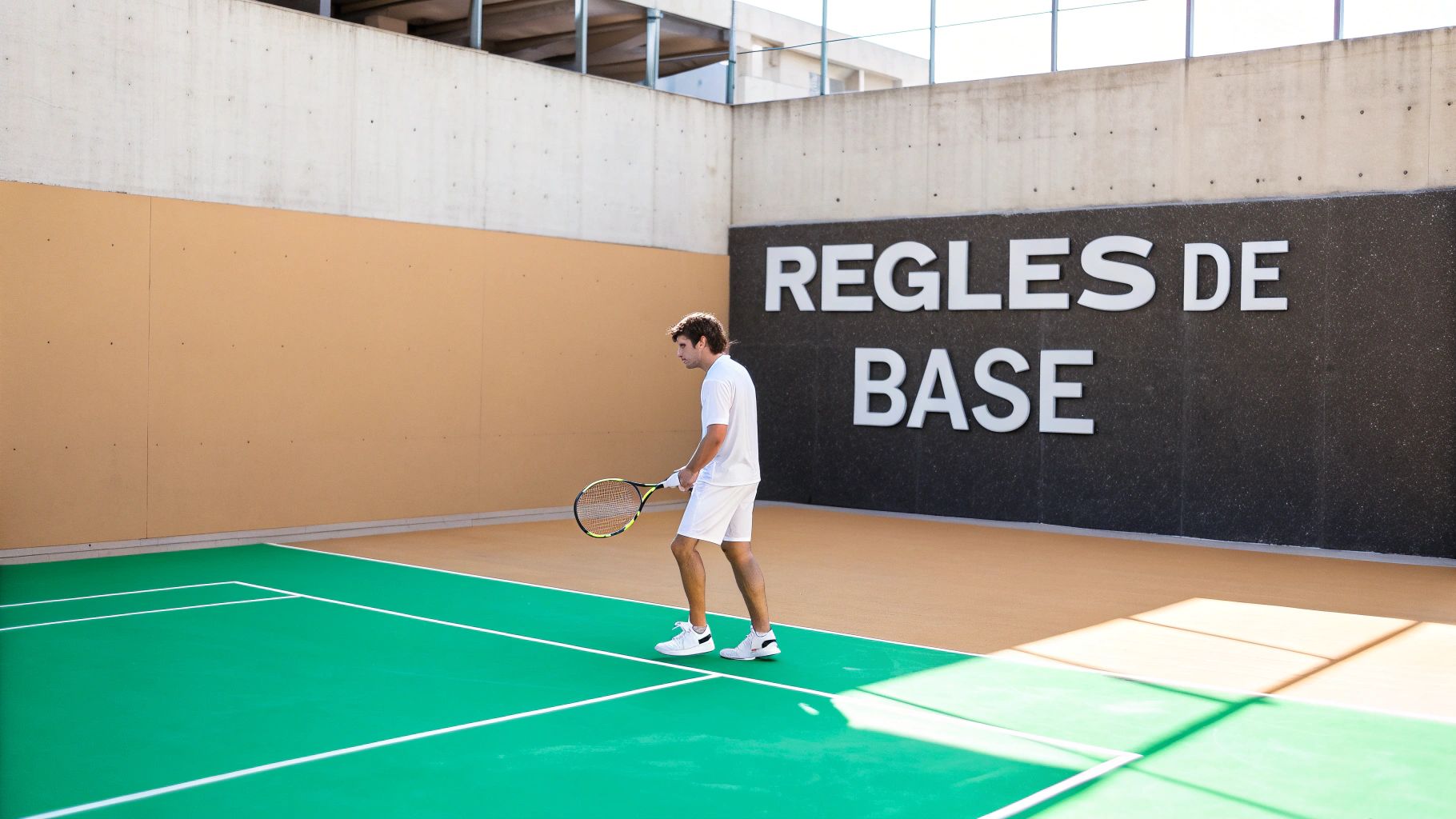 A man in white tennis attire holding a racket on a green and beige court, near a wall with the words 'BASIC RULES'.