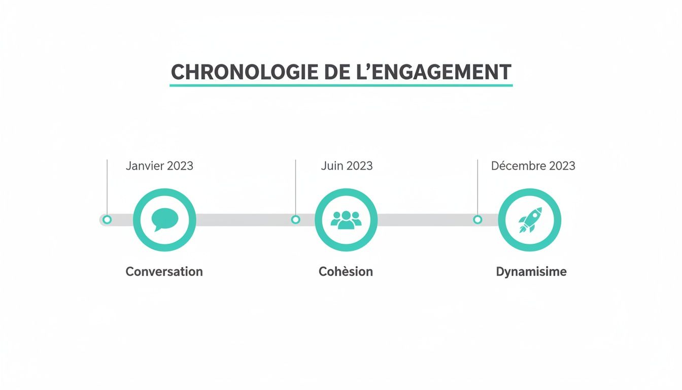 Chronologie de l'engagement avec trois étapes : Conversation (Janvier 2023), Cohésion (Juin 2023), et Dynamisme (Décembre 2023).