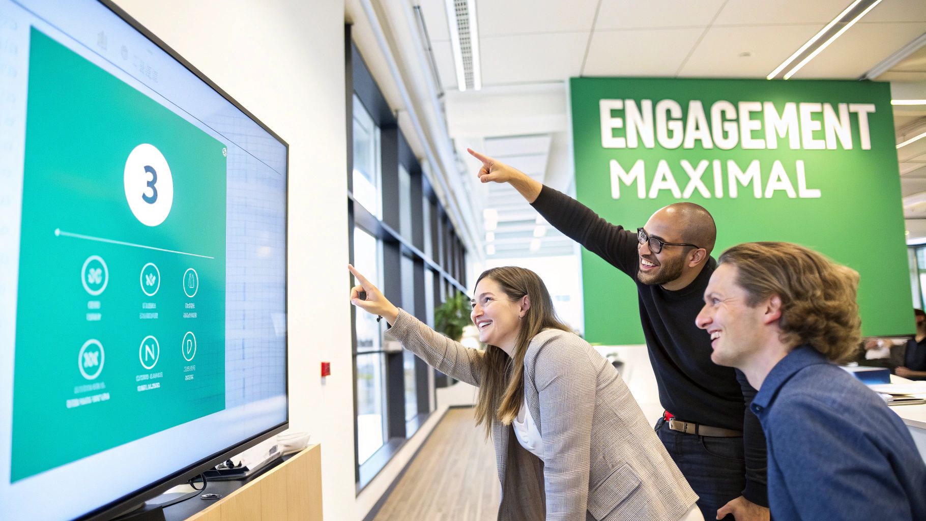 Trois collègues souriants pointent un grand écran interactif dans un bureau moderne avec le message « ENGAGEMENT MAXIMAL ».