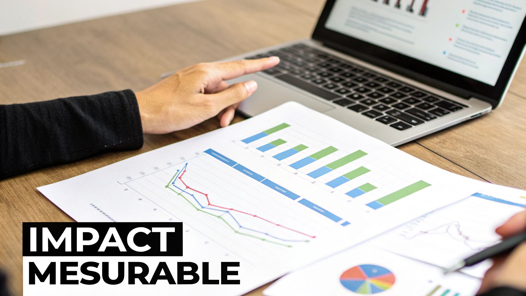 Hands of a person analyzing graphs and data on a laptop and printed documents.