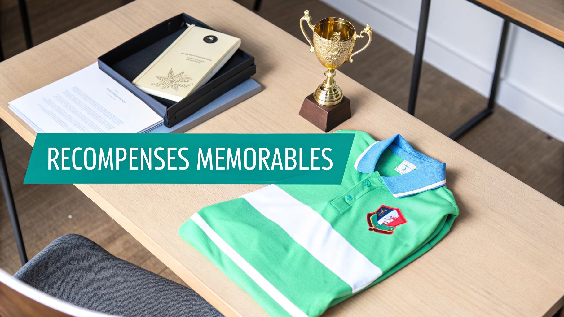 Image montrant un trophée doré, un polo vert, des documents et un livre sur un bureau en bois, symbolisant des récompenses mémorables.