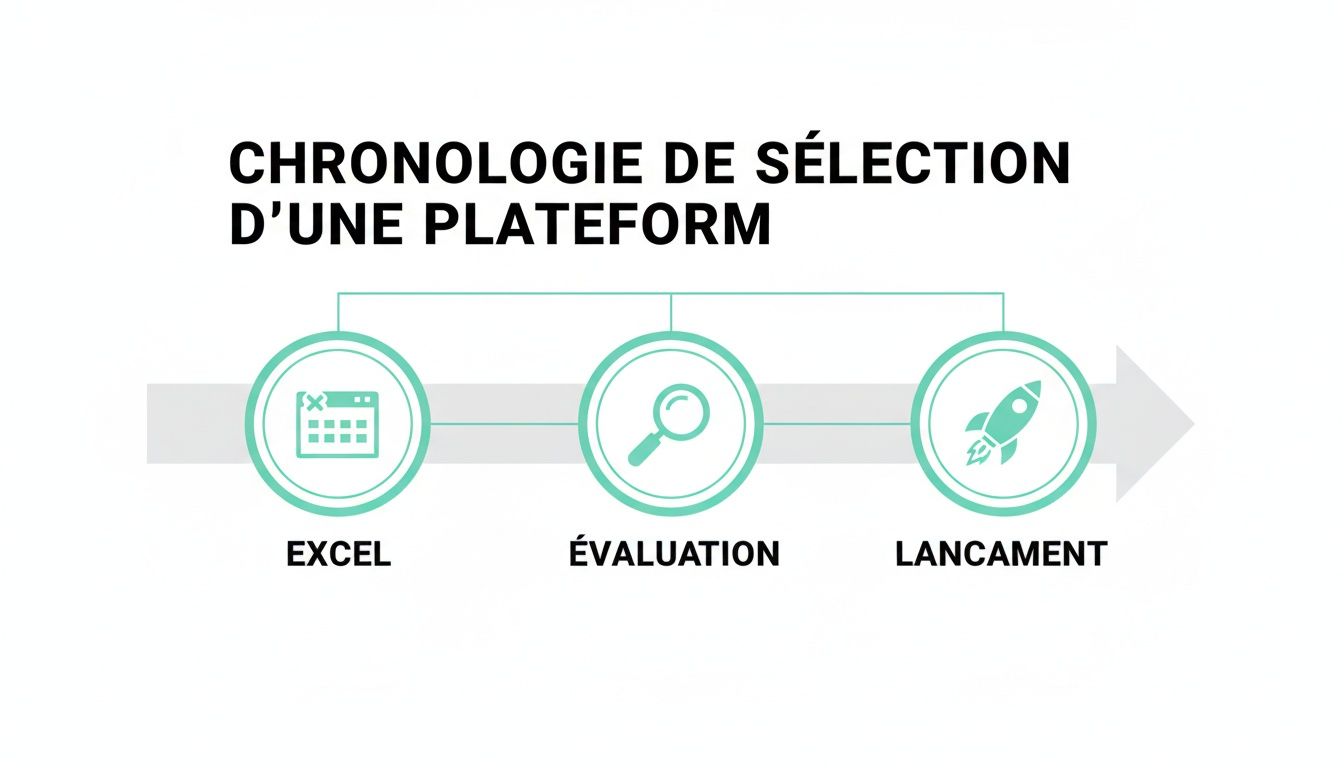 Timeline for selecting a platform with three steps: Excel, Evaluation, and Launch, represented by icons.