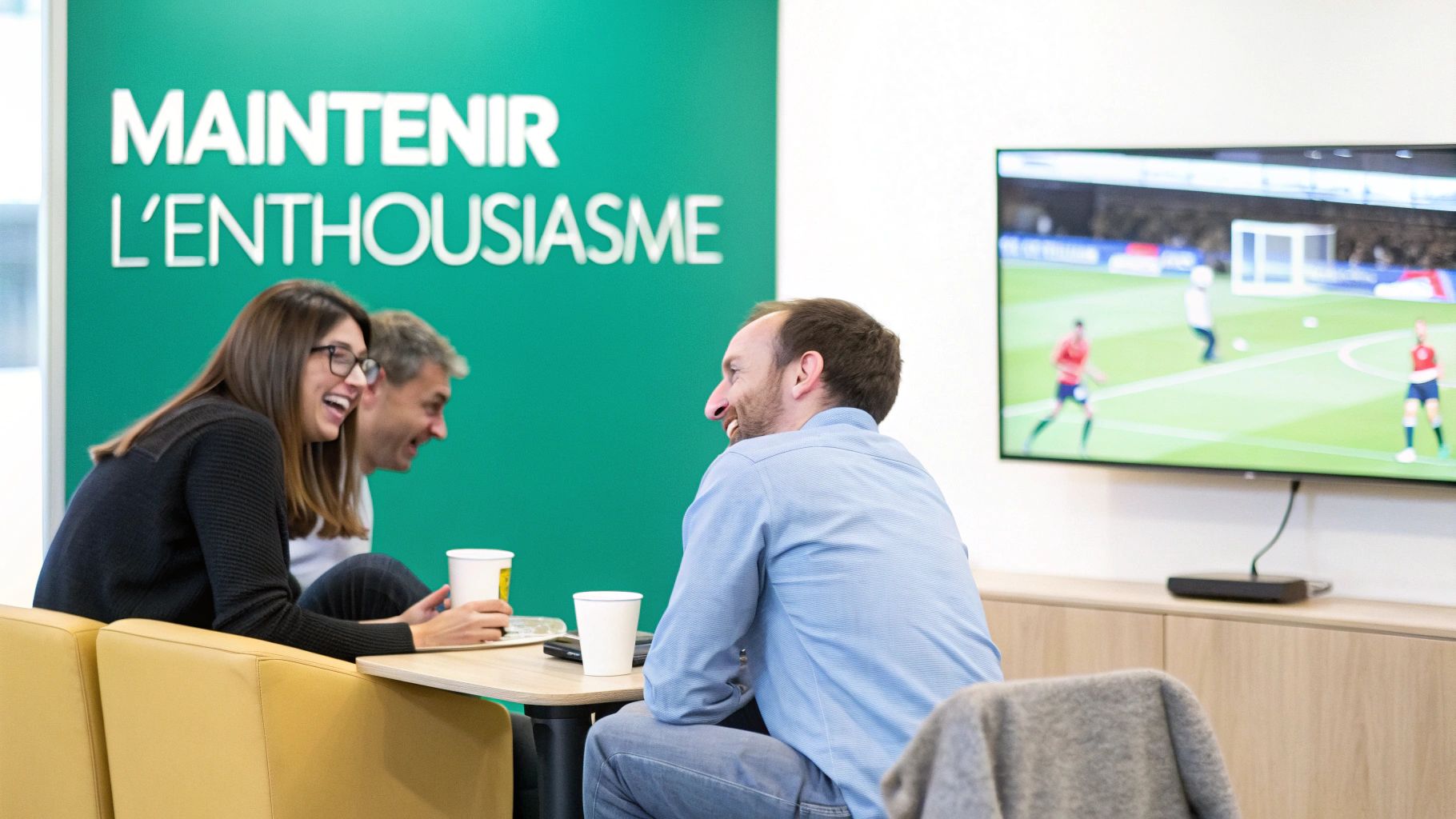 Trois collègues riant et regardant un match de football à la télévision dans un espace de bureau décontracté.