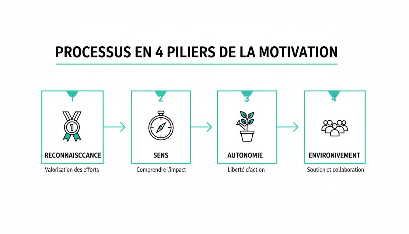 Infographic explaining the 4 pillars of motivation: recognition, meaning, autonomy, and favorable environment.