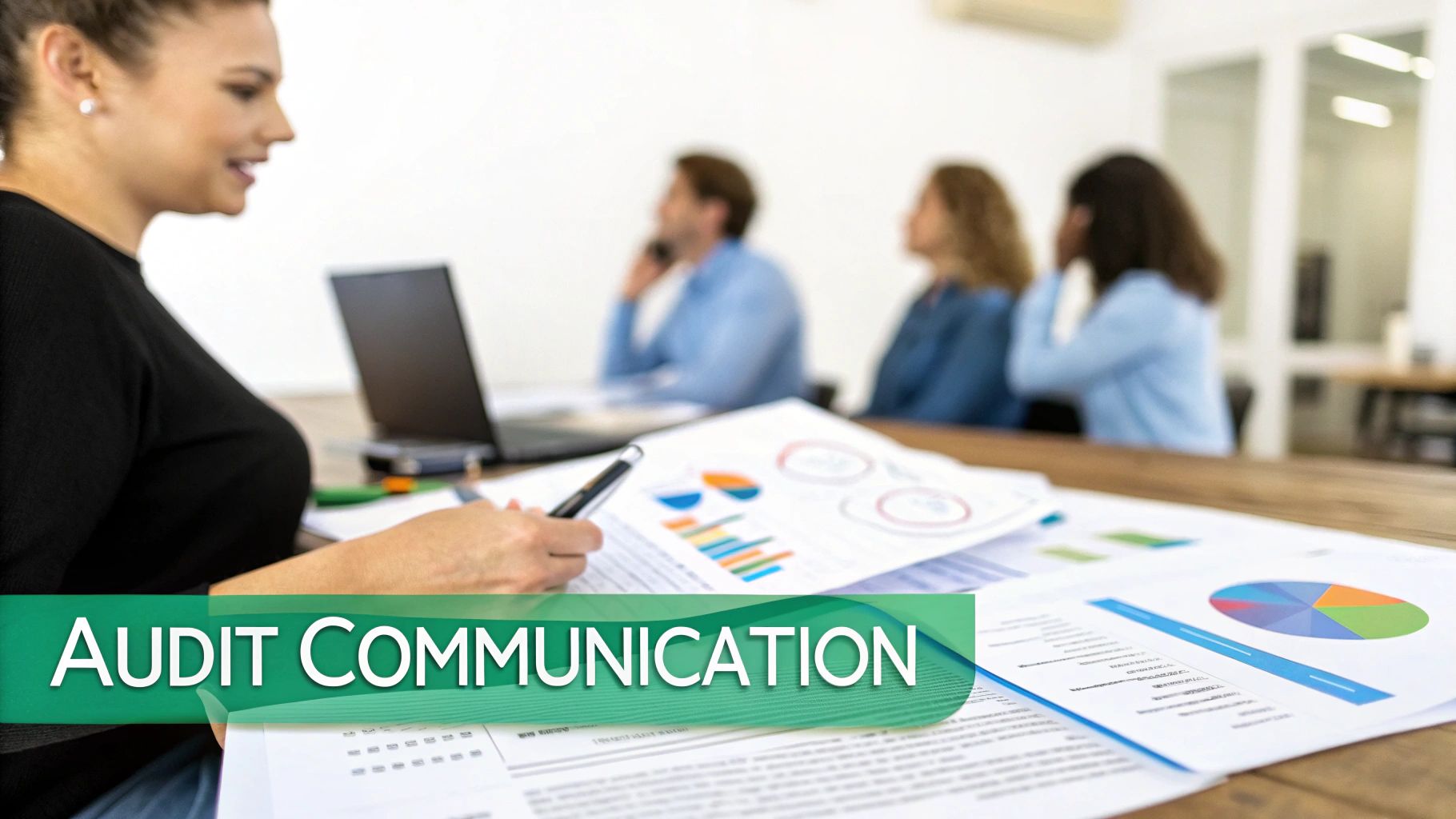 Une femme examine des documents d'audit avec des graphiques lors d'une réunion professionnelle, avec des collègues en arrière-plan.