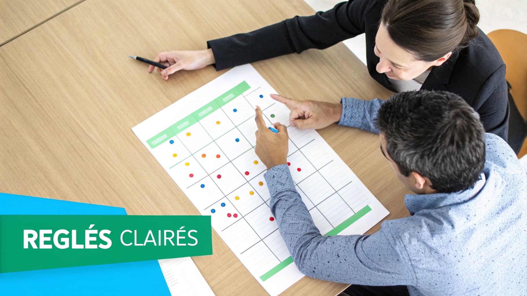 Two people analyzing a planning board with colored dots, discussing clear rules and strategy.